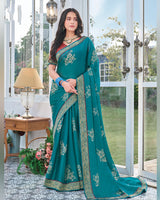 Vishal Prints Peacock Green Chiffon Saree With Foil Print And Zari Border