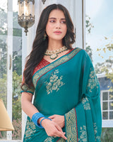 Vishal Prints Peacock Green Chiffon Saree With Foil Print And Zari Border