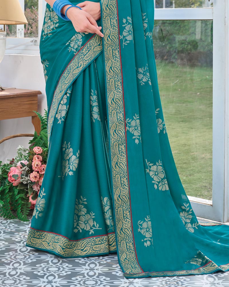 Vishal Prints Peacock Green Chiffon Saree With Foil Print And Zari Border