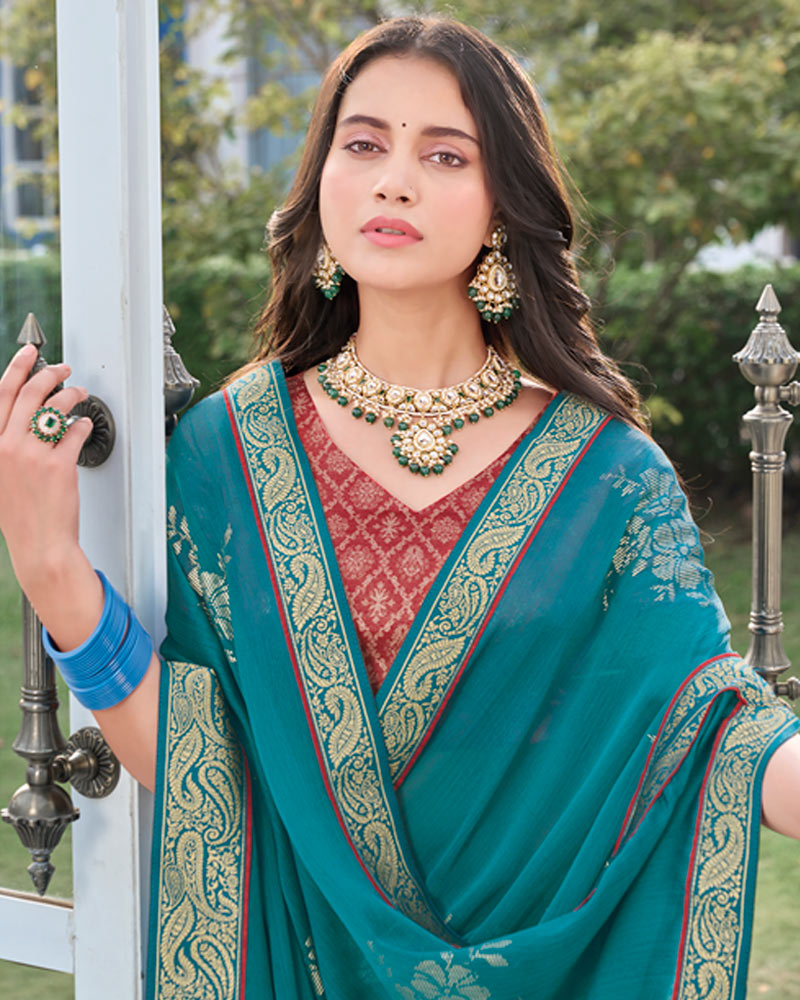Vishal Prints Peacock Green Chiffon Saree With Foil Print And Zari Border