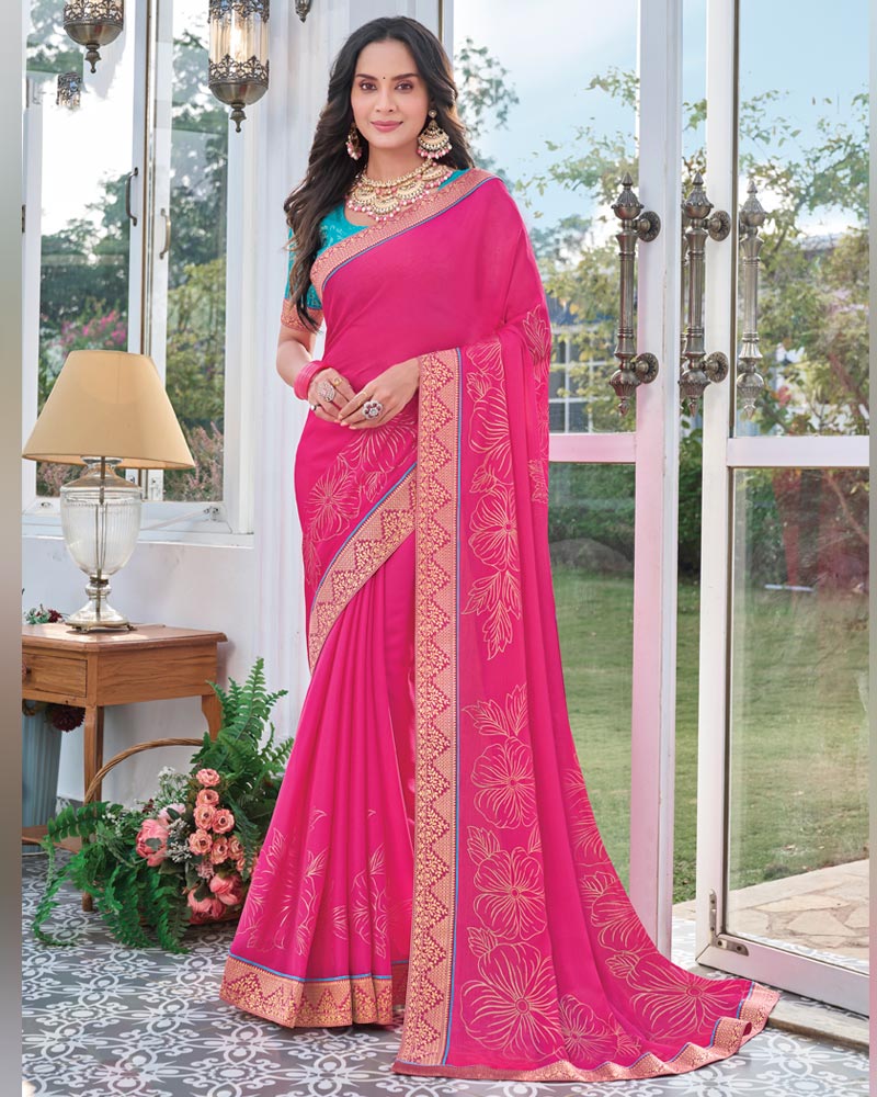Vishal Prints Dark Tulip Pink Chiffon Saree With Foil Print And Zari Border