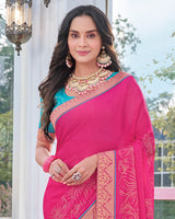Vishal Prints Dark Tulip Pink Chiffon Saree With Foil Print And Zari Border