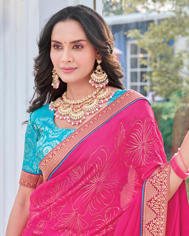Vishal Prints Dark Tulip Pink Chiffon Saree With Foil Print And Zari Border