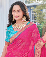 Vishal Prints Dark Tulip Pink Chiffon Saree With Foil Print And Zari Border