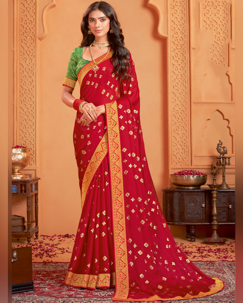 Vishal Prints Lipstick Red Designer Chiffon Saree With Foil Print And Zari Border