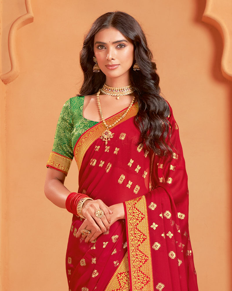 Vishal Prints Lipstick Red Designer Chiffon Saree With Foil Print And Zari Border