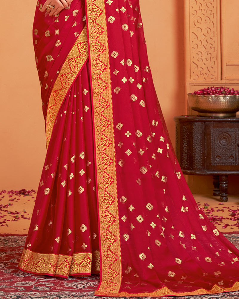 Vishal Prints Lipstick Red Designer Chiffon Saree With Foil Print And Zari Border