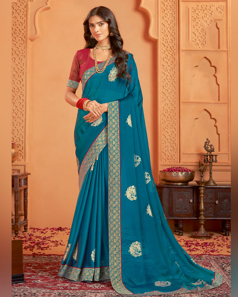 Vishal Prints Peacock Blue Designer Chiffon Saree With Foil Print And Zari Border