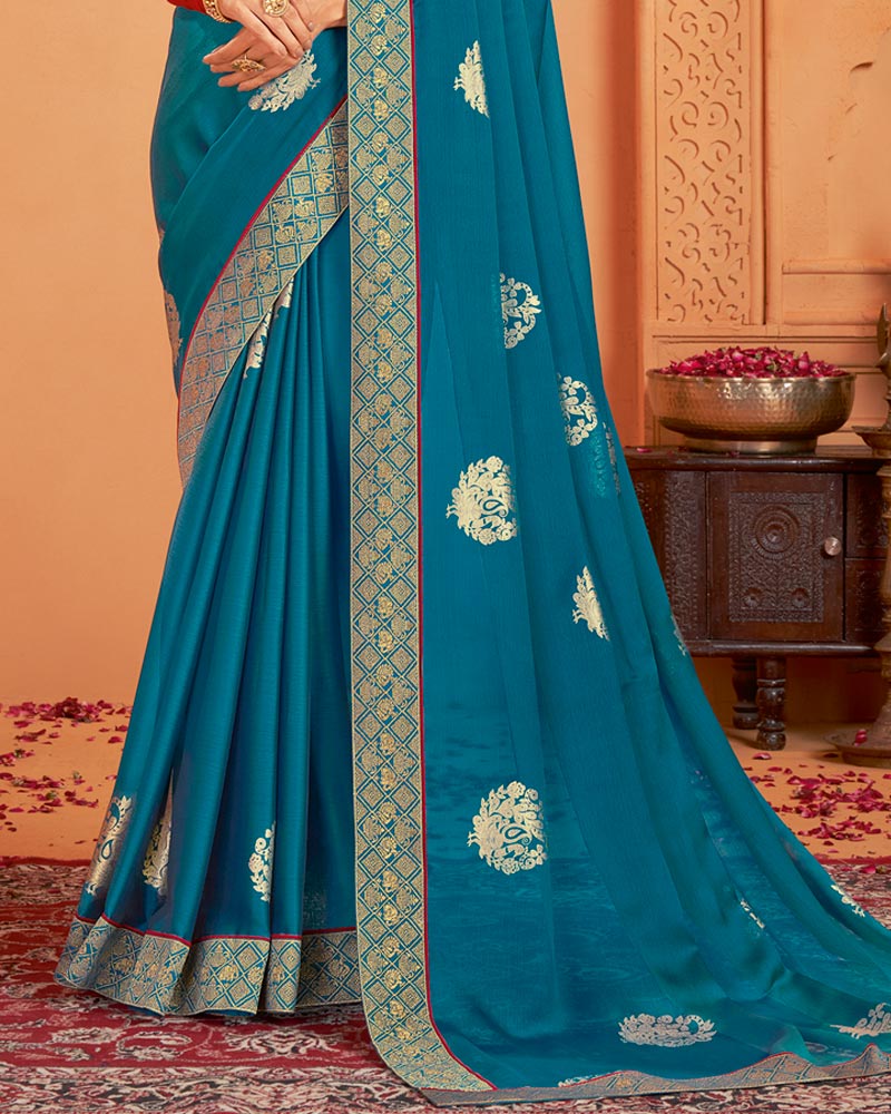 Vishal Prints Peacock Blue Designer Chiffon Saree With Foil Print And Zari Border
