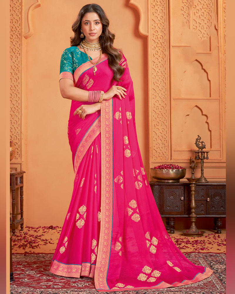 Vishal Prints Rosy Pink Designer Chiffon Saree With Foil Print And Zari Border