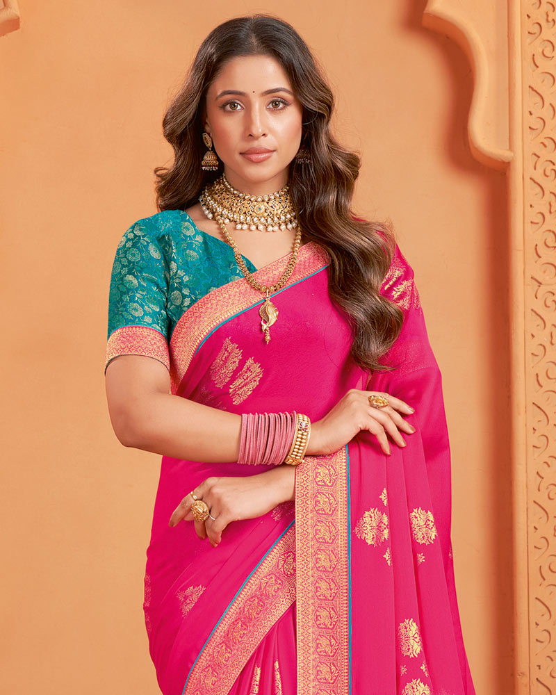 Vishal Prints Rosy Pink Designer Chiffon Saree With Foil Print And Zari Border