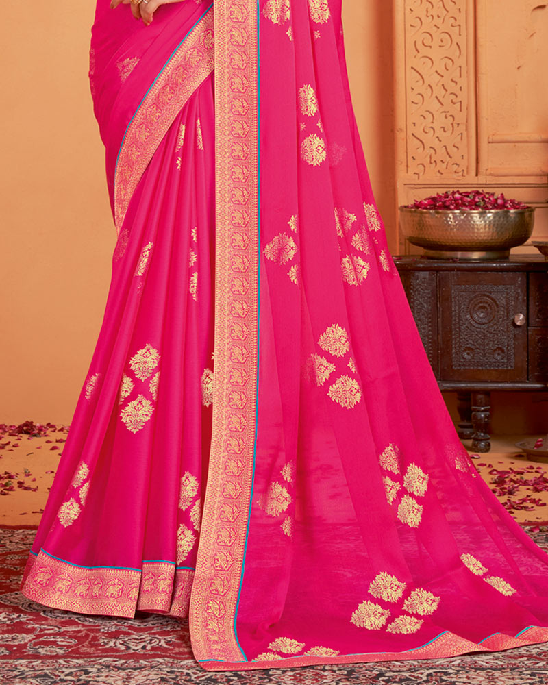 Vishal Prints Rosy Pink Designer Chiffon Saree With Foil Print And Zari Border