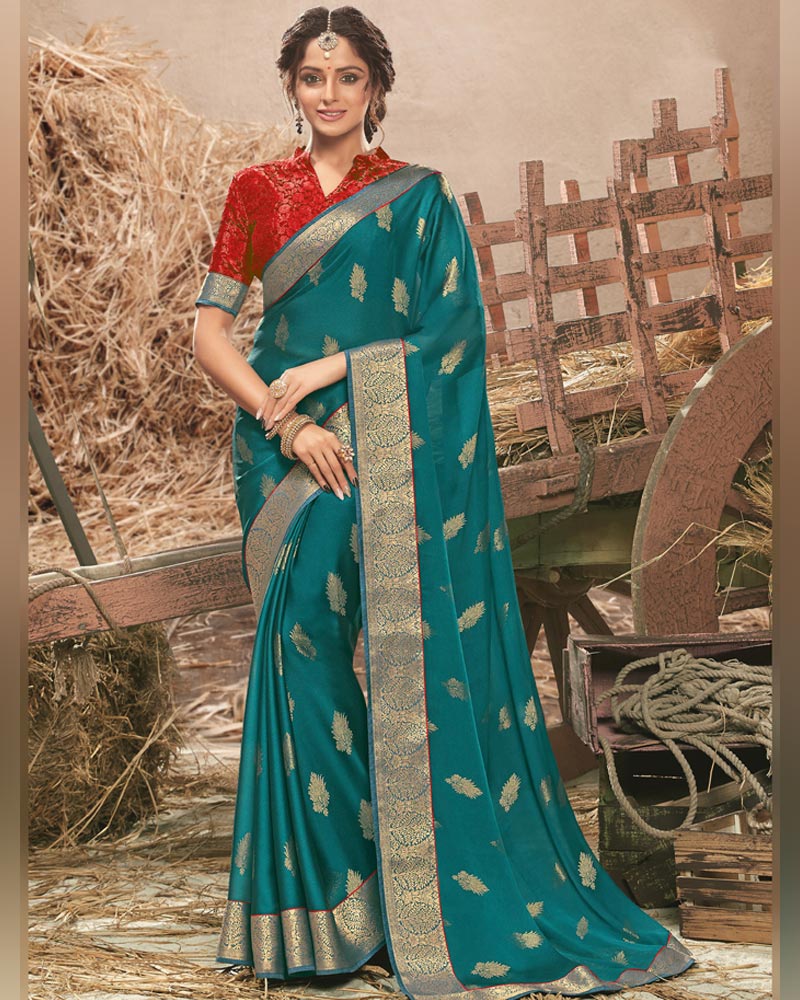 Vishal Prints Peacock Green Designer Chiffon Saree With Foil Print And Zari Border