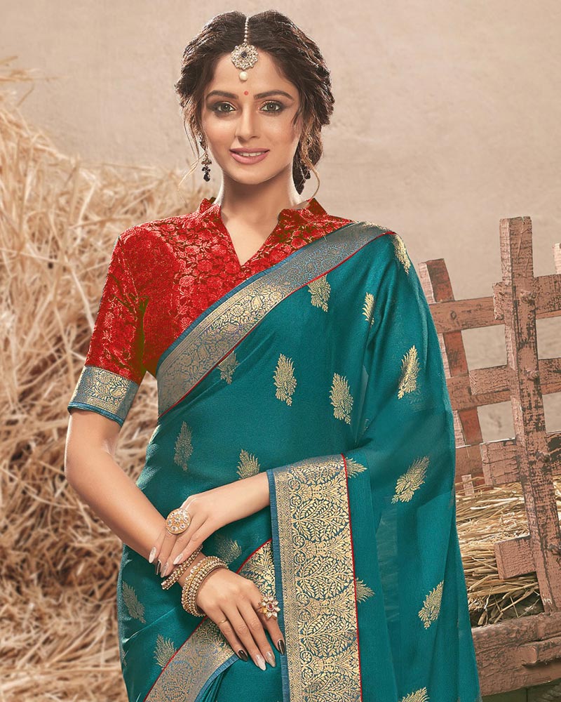 Vishal Prints Peacock Green Designer Chiffon Saree With Foil Print And Zari Border