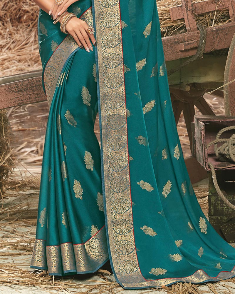 Vishal Prints Peacock Green Designer Chiffon Saree With Foil Print And Zari Border
