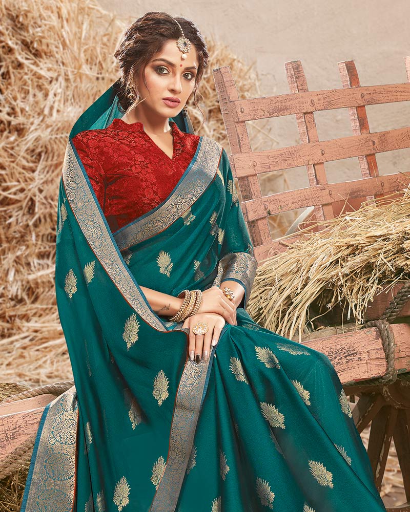 Vishal Prints Peacock Green Designer Chiffon Saree With Foil Print And Zari Border