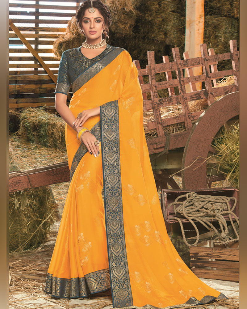 Vishal Prints Dark Yellowish Orange Designer Chiffon Saree With Foil Print And Zari Border