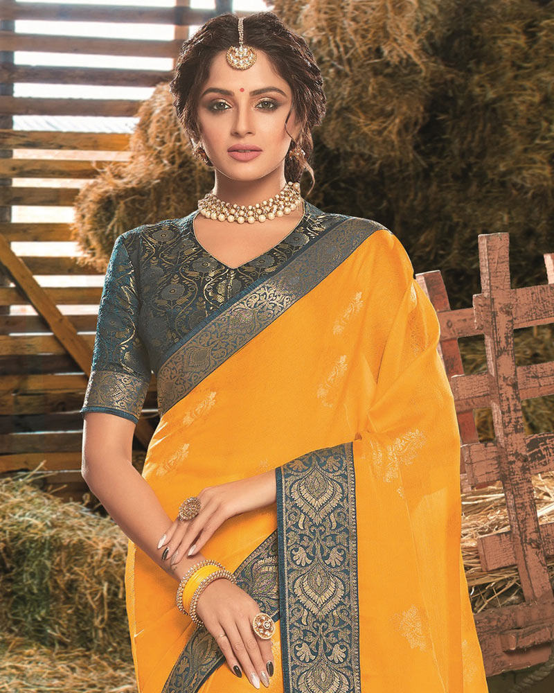 Vishal Prints Dark Yellowish Orange Designer Chiffon Saree With Foil Print And Zari Border
