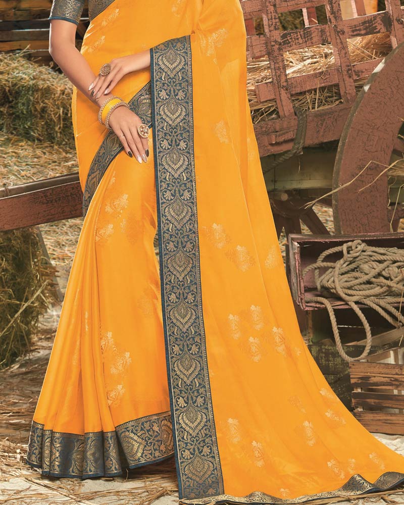 Vishal Prints Dark Yellowish Orange Designer Chiffon Saree With Foil Print And Zari Border