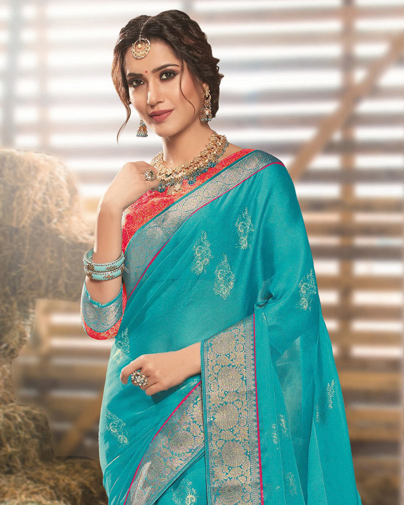 Vishal Prints Eastern Blue Designer Chiffon Saree With Foil Print And Zari Border