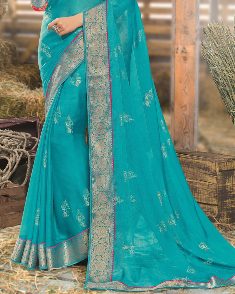 Vishal Prints Eastern Blue Designer Chiffon Saree With Foil Print And Zari Border