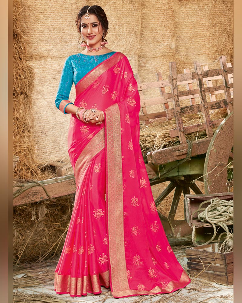 Vishal Prints Raspberry Pink Designer Chiffon Saree With Foil Print And Zari Border