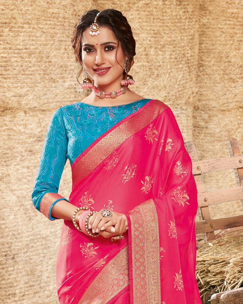 Vishal Prints Raspberry Pink Designer Chiffon Saree With Foil Print And Zari Border