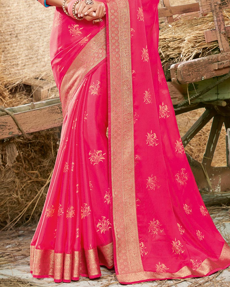 Vishal Prints Raspberry Pink Designer Chiffon Saree With Foil Print And Zari Border
