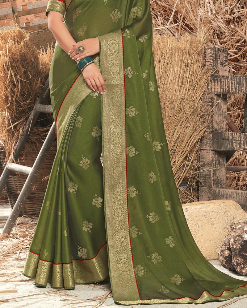 Vishal Prints Dusty Mehandi Green Designer Chiffon Saree With Foil Print And Zari Border
