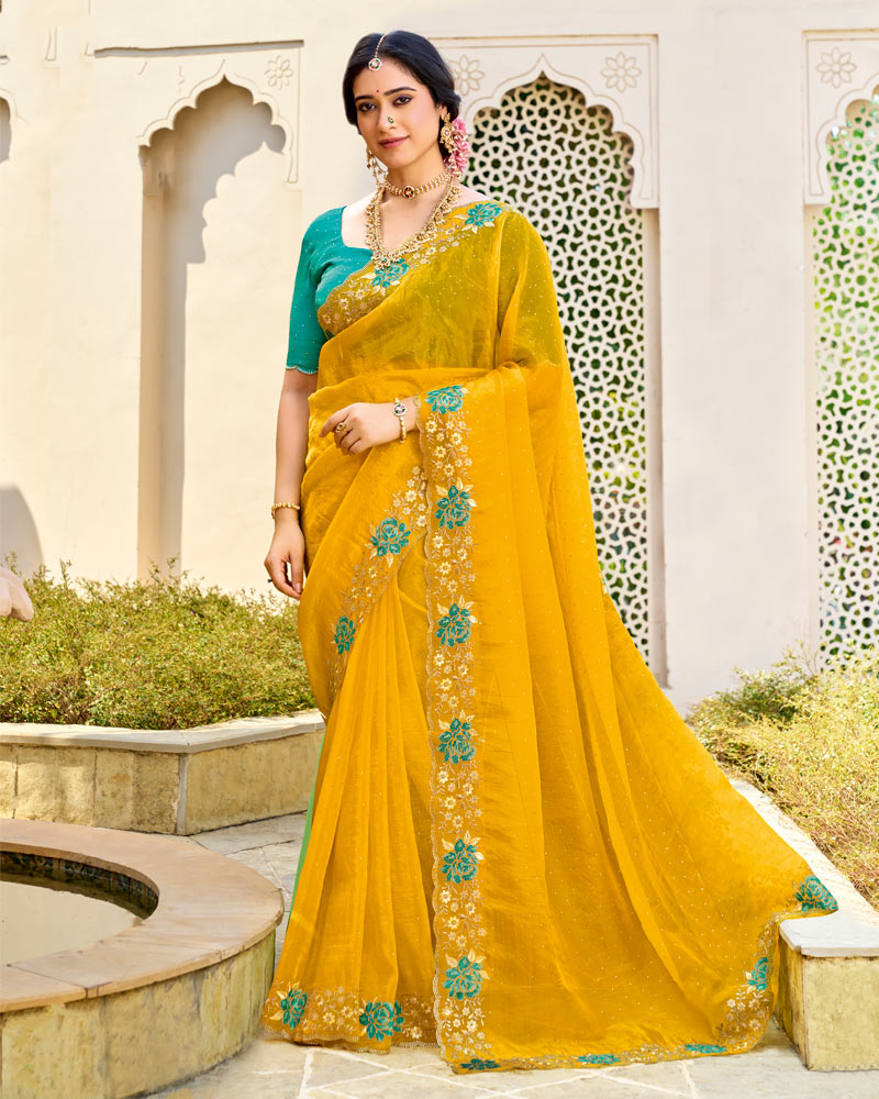 Vishal Prints Mustard Yellow Designer Fancy Tissue Saree With Embroidery-Diamond Work And Cut Work Border
