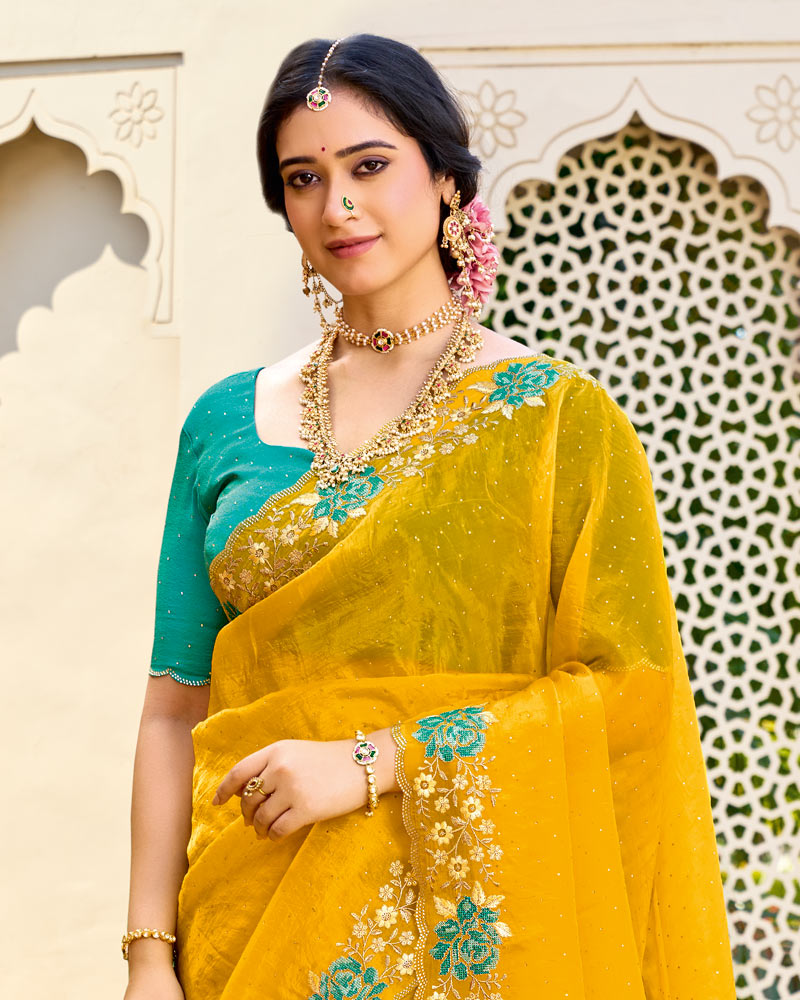 Vishal Prints Mustard Yellow Designer Fancy Tissue Saree With Embroidery-Diamond Work And Cut Work Border