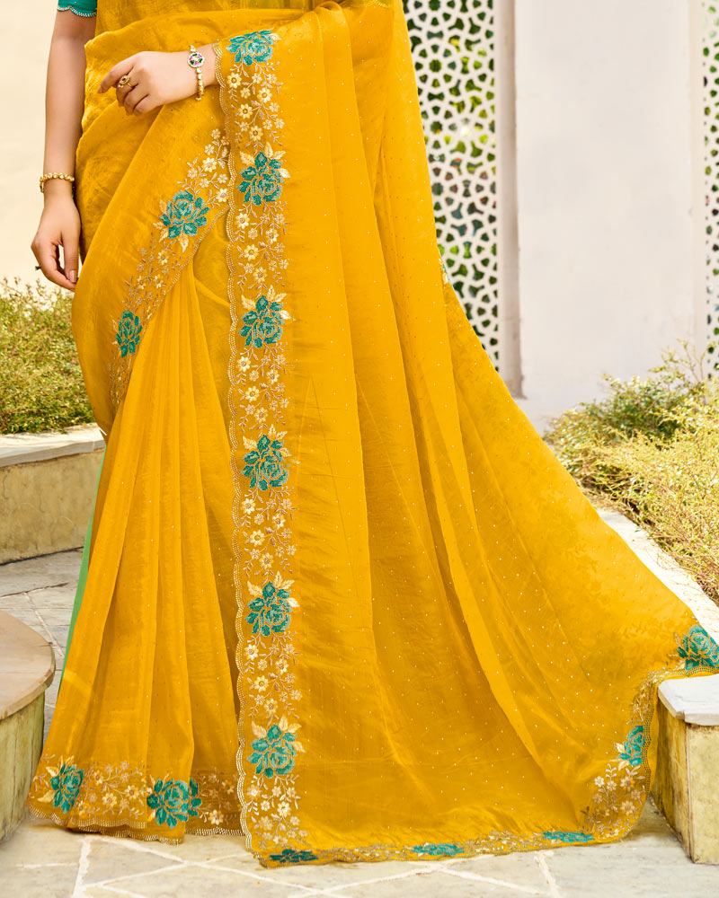 Vishal Prints Mustard Yellow Designer Fancy Tissue Saree With Embroidery-Diamond Work And Cut Work Border