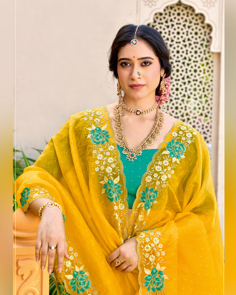 Vishal Prints Mustard Yellow Designer Fancy Tissue Saree With Embroidery-Diamond Work And Cut Work Border