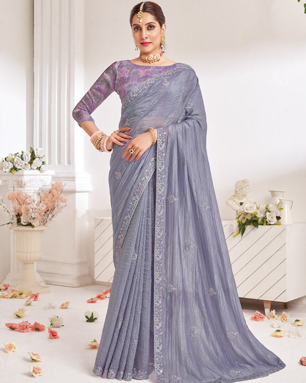 Vishal Prints Purplish Grey Designer Crushed Organza Saree With Embroidery-Diamond Work And Cut Work Border