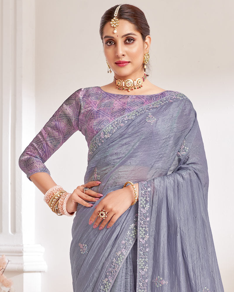 Vishal Prints Purplish Grey Designer Crushed Organza Saree With Embroidery-Diamond Work And Cut Work Border