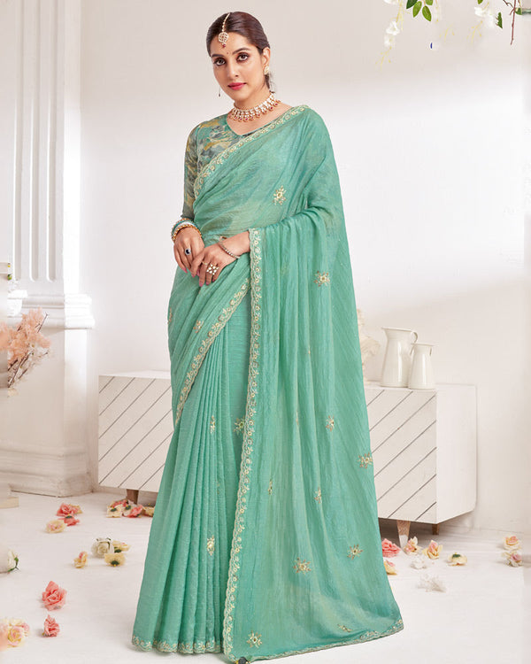 Vishal Prints Pastel Green Designer Crushed Organza Saree With Embroidery-Diamond Work And Cut Work Border