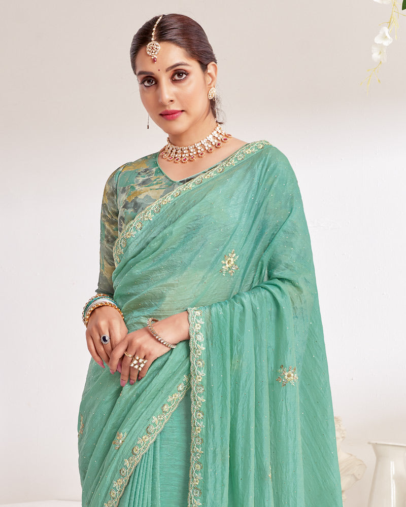 Vishal Prints Pastel Green Designer Crushed Organza Saree With Embroidery-Diamond Work And Cut Work Border