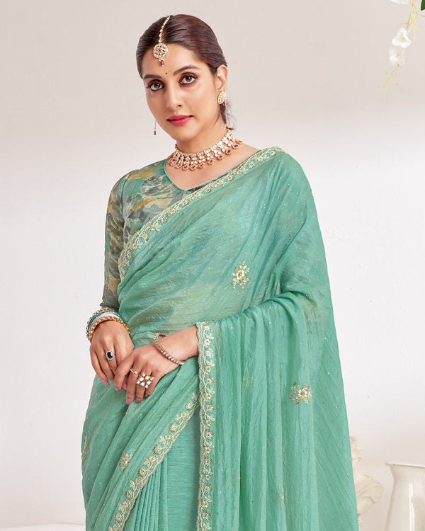 Vishal Prints Pastel Green Designer Crushed Organza Saree With Embroidery-Diamond Work And Cut Work Border
