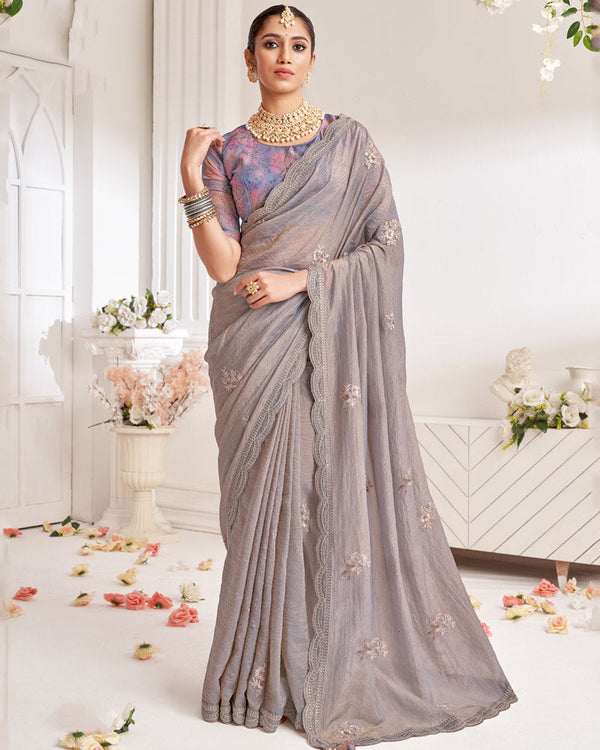 Vishal Prints Warm Grey Designer Crushed Organza Saree With Embroidery-Diamond Work And Cut Work Border