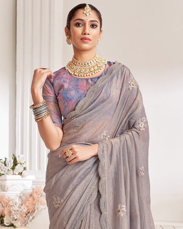 Vishal Prints Warm Grey Designer Crushed Organza Saree With Embroidery-Diamond Work And Cut Work Border