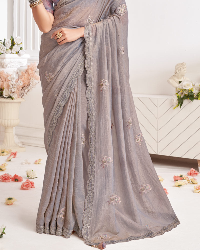 Vishal Prints Warm Grey Designer Crushed Organza Saree With Embroidery-Diamond Work And Cut Work Border