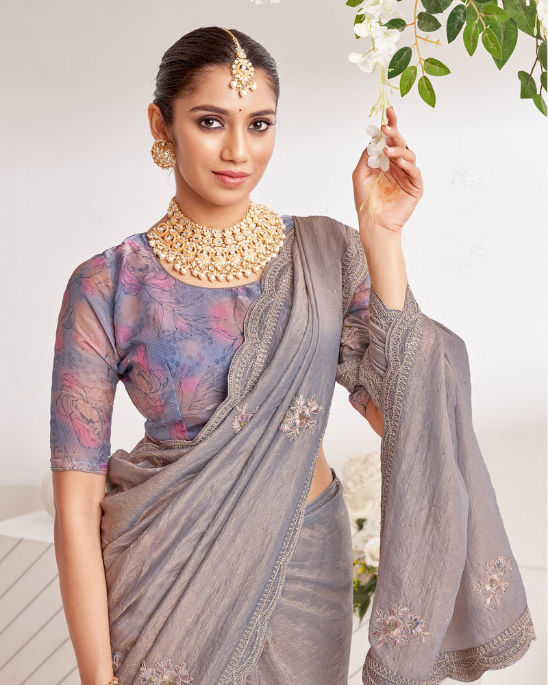 Vishal Prints Warm Grey Designer Crushed Organza Saree With Embroidery-Diamond Work And Cut Work Border