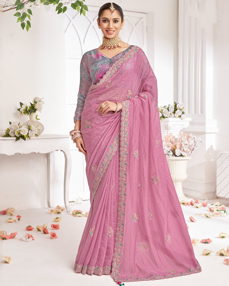 Vishal Prints Dusty Rose Pink Designer Crushed Organza Saree With Embroidery-Diamond Work And Cut Work Border