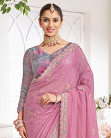Vishal Prints Dusty Rose Pink Designer Crushed Organza Saree With Embroidery-Diamond Work And Cut Work Border