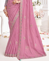 Vishal Prints Dusty Rose Pink Designer Crushed Organza Saree With Embroidery-Diamond Work And Cut Work Border