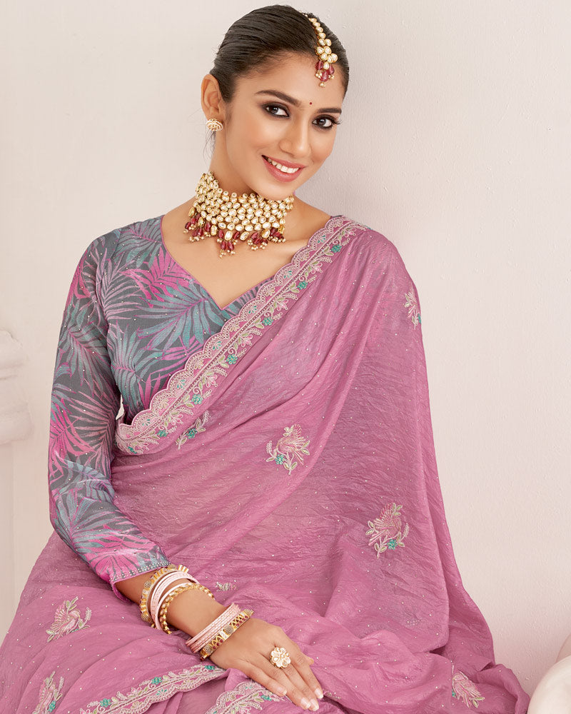 Vishal Prints Dusty Rose Pink Designer Crushed Organza Saree With Embroidery-Diamond Work And Cut Work Border