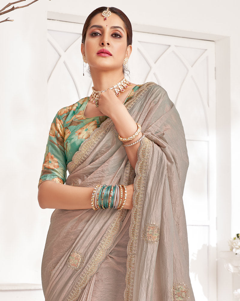 Vishal Prints Pale Taupe Designer Crushed Organza Saree With Embroidery-Diamond Work And Cut Work Border