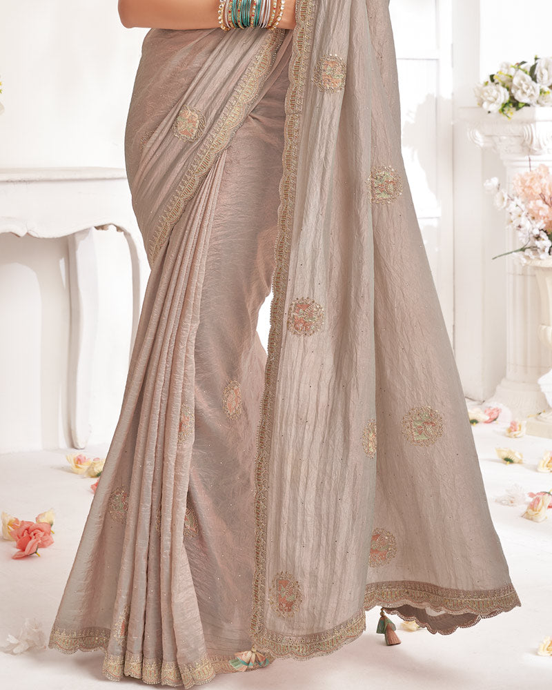 Vishal Prints Pale Taupe Designer Crushed Organza Saree With Embroidery-Diamond Work And Cut Work Border