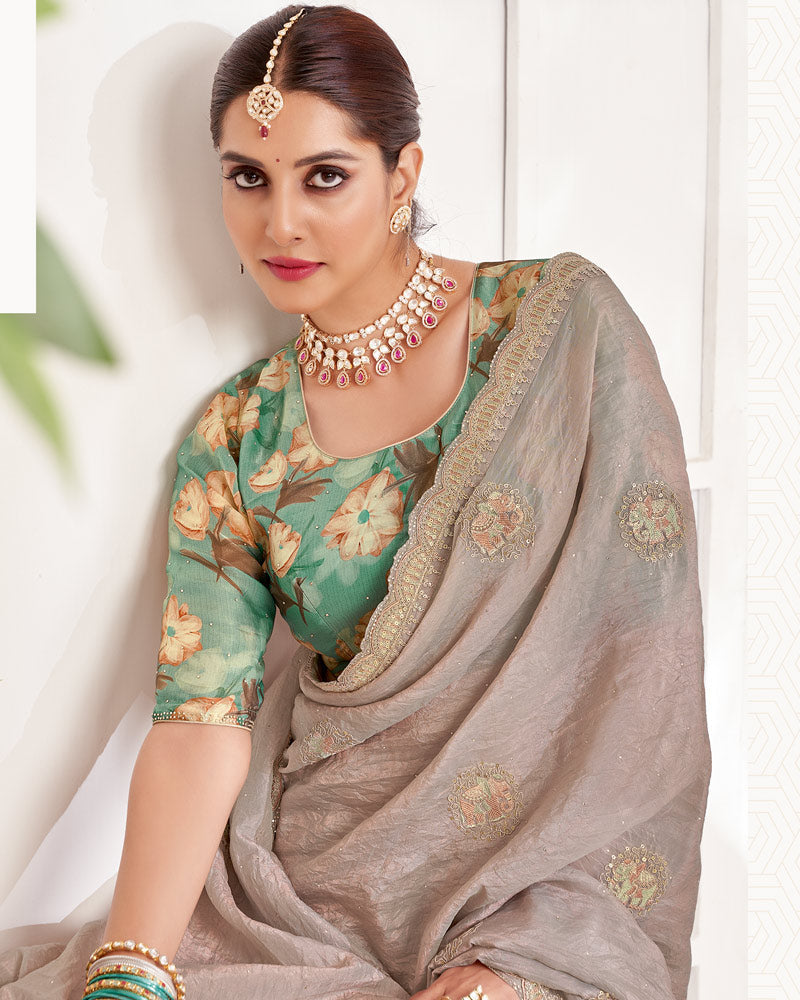 Vishal Prints Pale Taupe Designer Crushed Organza Saree With Embroidery-Diamond Work And Cut Work Border