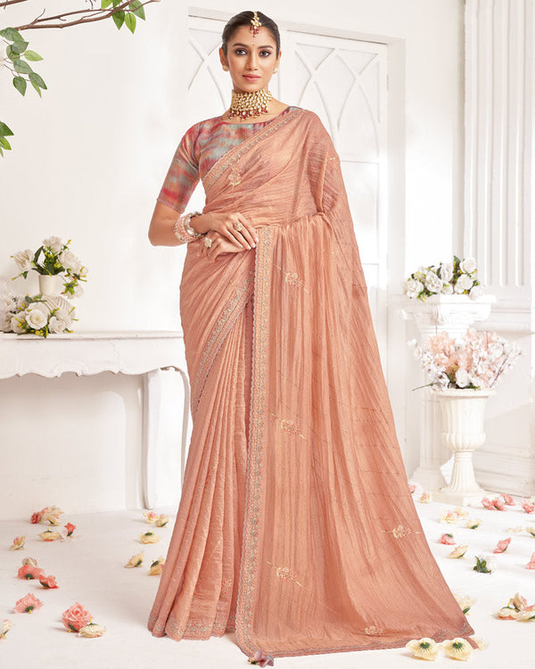 Vishal Prints Pinkish Tan Designer Crushed Organza Saree With Embroidery-Diamond Work And Cut Work Border